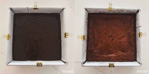 Chocolate brownie batter spread evenly over the graham cracker layer