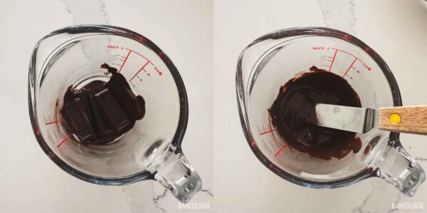Dark chocolate melted in the microwave until smooth for the s’mores topping