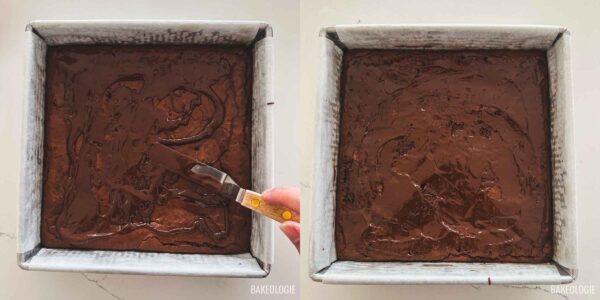 Melted dark chocolate spread over the baked brownie layer